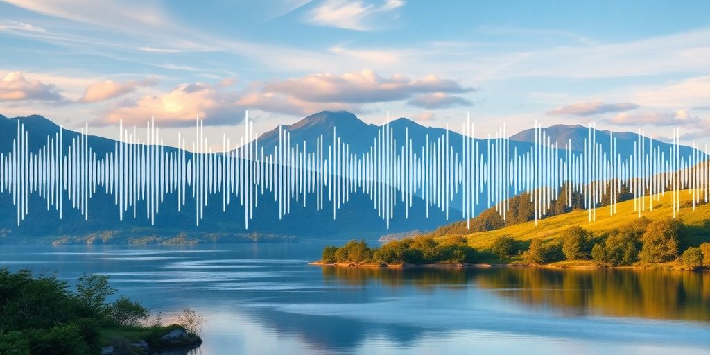 Soundwave pattern flowing over a tranquil landscape.
