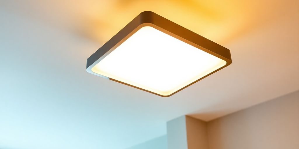 Modern ceiling light illuminating a living room.