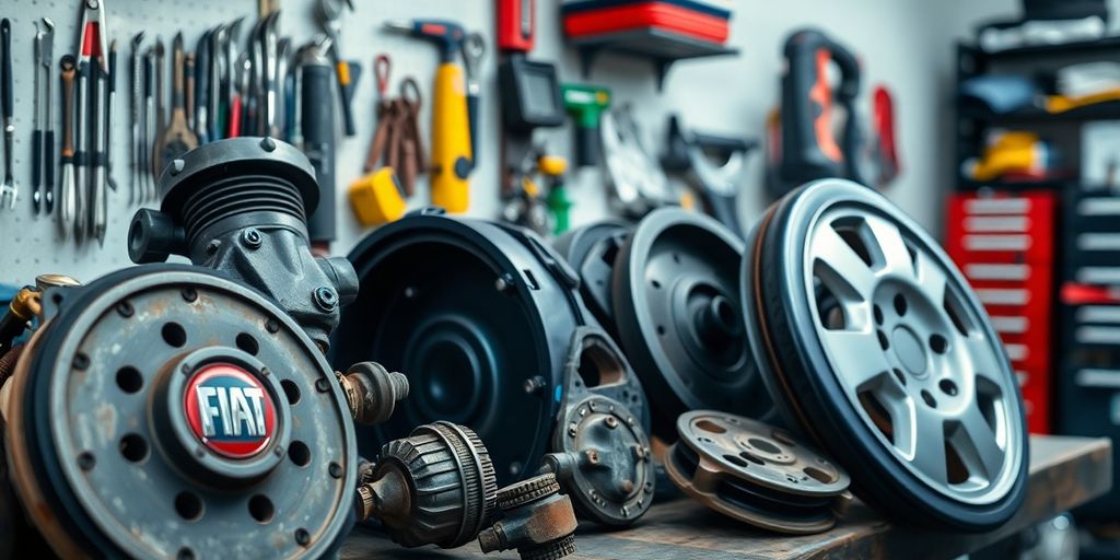 Used Fiat parts in a clean workshop.