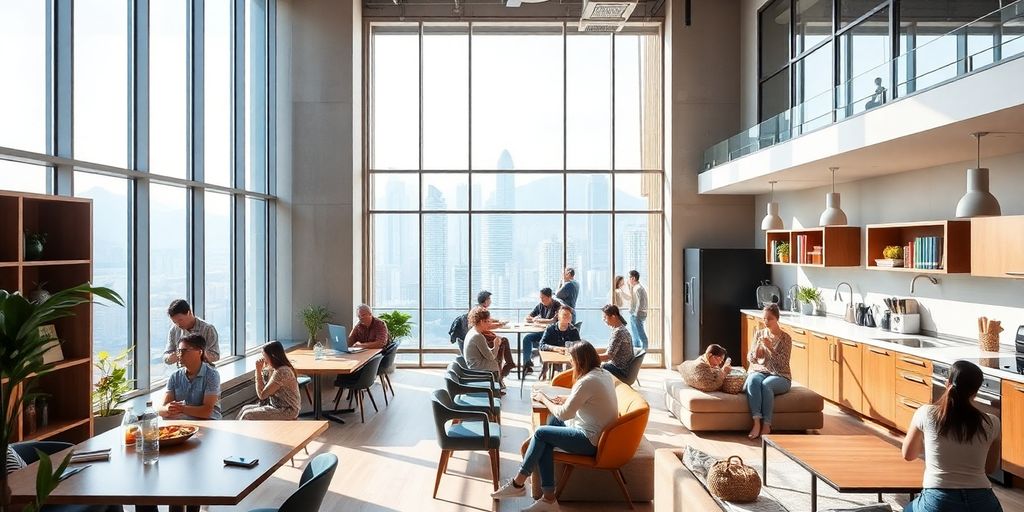 Modern co-living space with shared areas and city skyline.