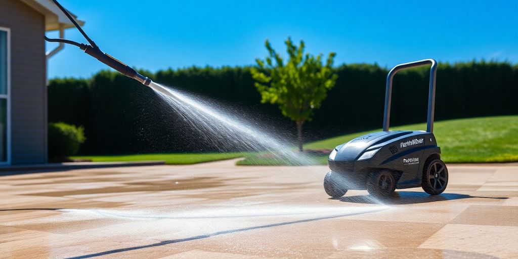 Powerful pressure washer cleaning a driveway outdoors.