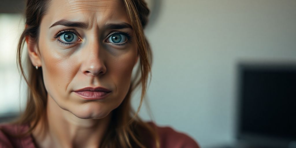 Woman looking concerned, with soft focus background.