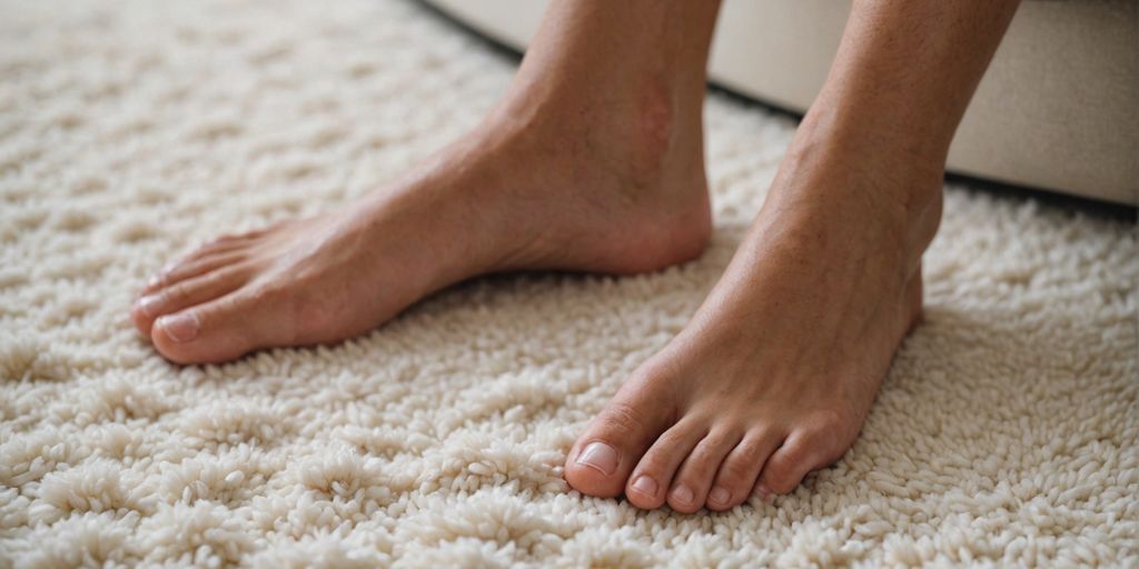 Close-up of well-groomed feet on white carpet.