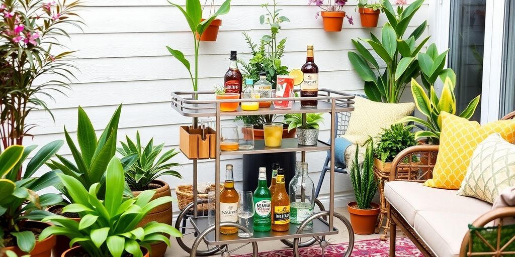 Modern outdoor bar cart with drinks and plants.