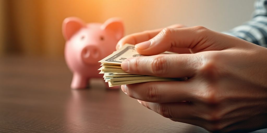 A person counting money with a piggy bank.