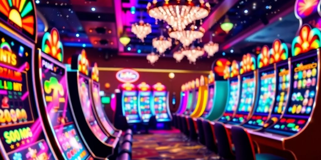 Colorful casino scene with vibrant slot machines and chips.