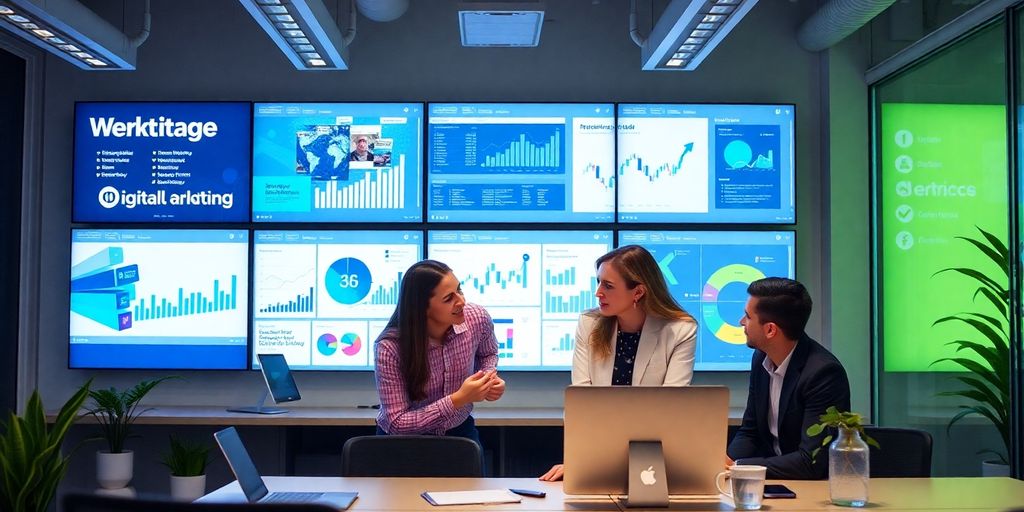 Profissionais de marketing digital em ambiente moderno.