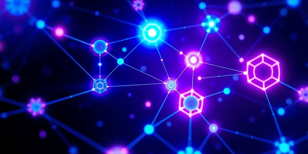 Infographic of glowing nodes and abstract AI shapes.