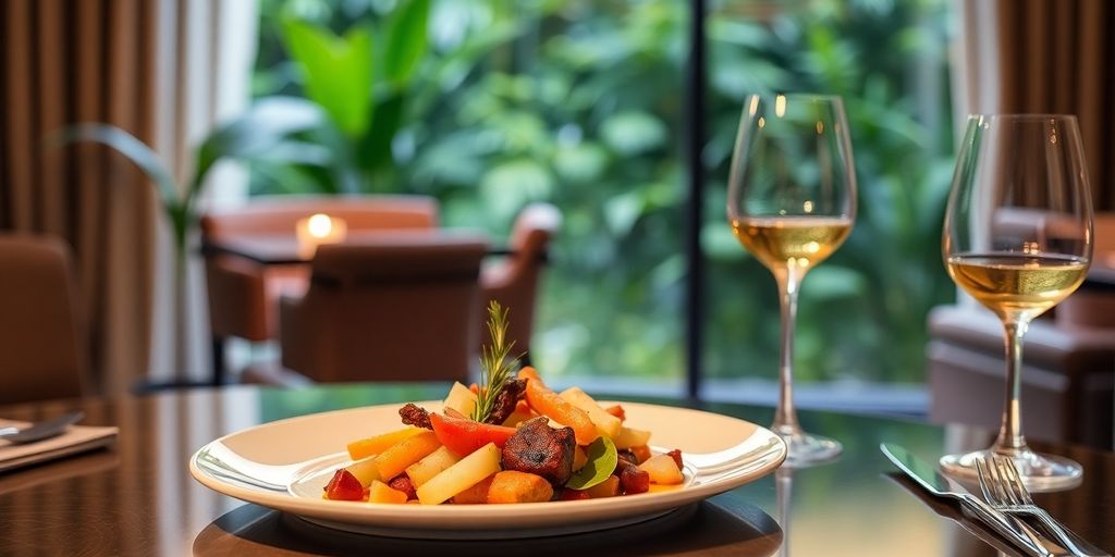 Gourmet dish in luxury hotel with eco-friendly elements.