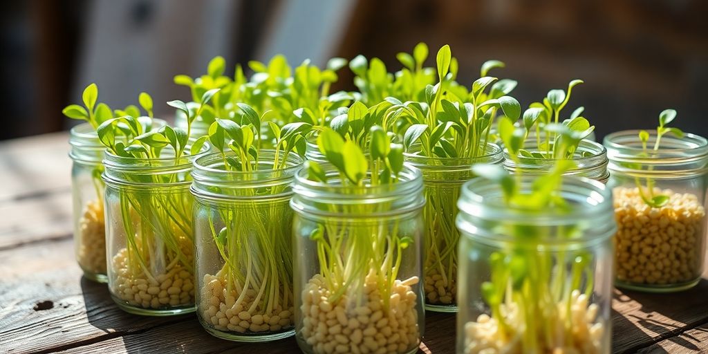 Sprouts growing in a jar with sunlight.