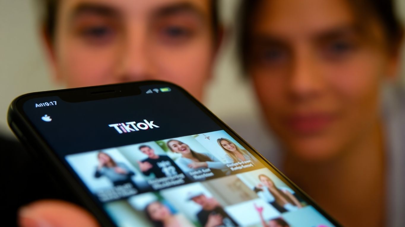 Smartphone with TikTok app, blurred background faces.