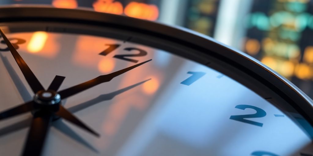 Clock with illuminated stock market data reflected on it.