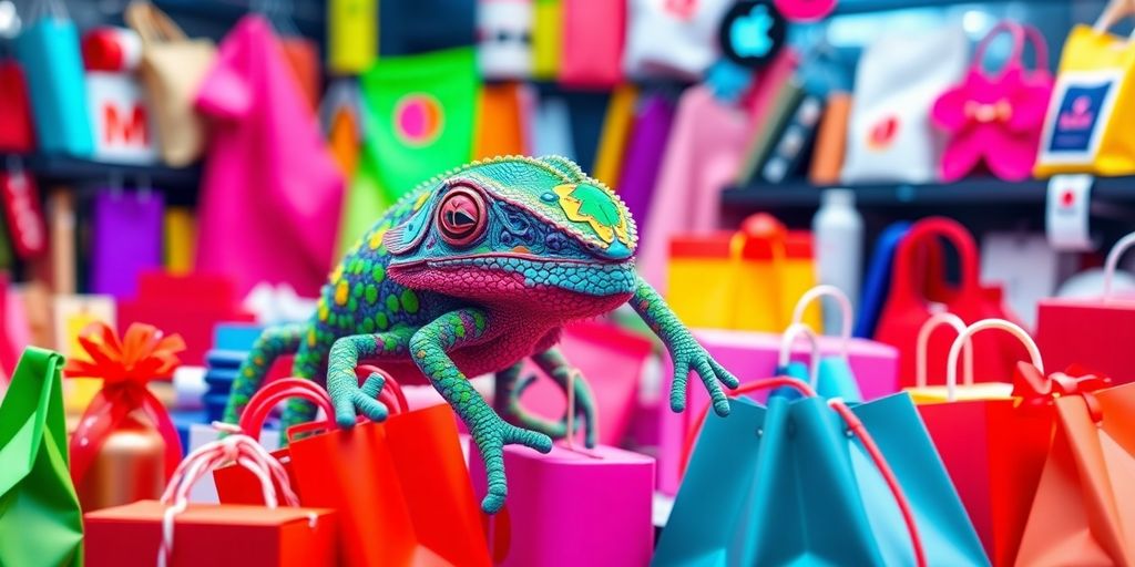 Šarena scena online kupovine s kamaleonom između proizvoda.