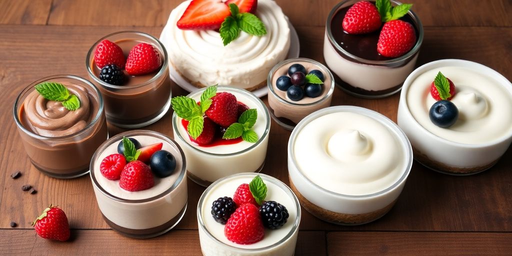 A variety of creamy, carb-free desserts on a table.