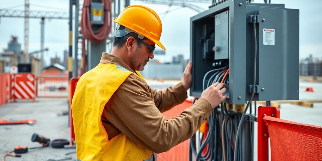 Construction worker inspecting electrical equipment on site.