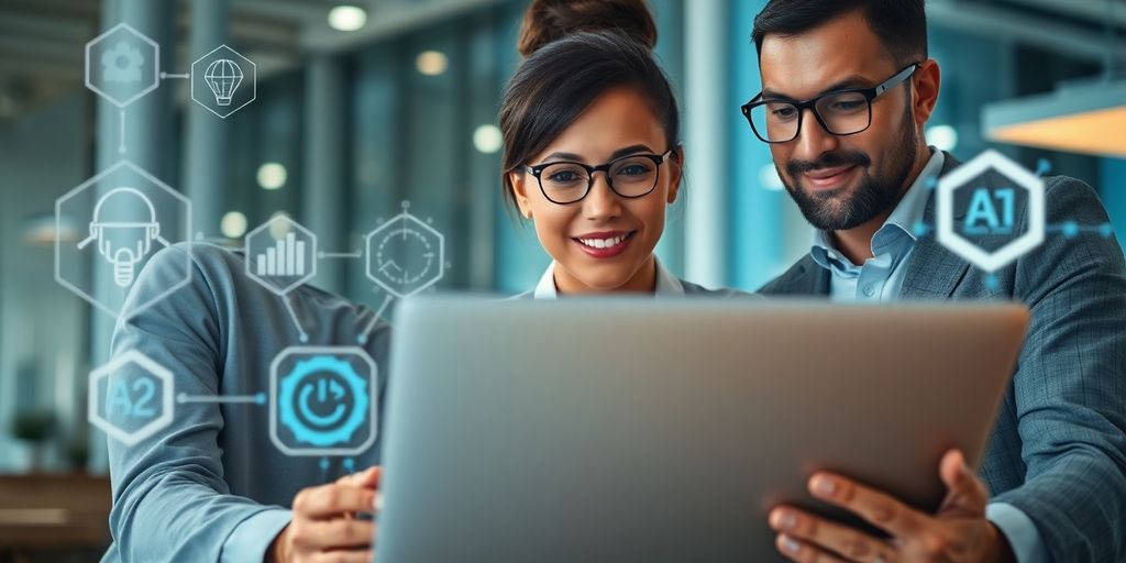 Poslovni ljudi razgovaraju uz laptop i AI grafiku.