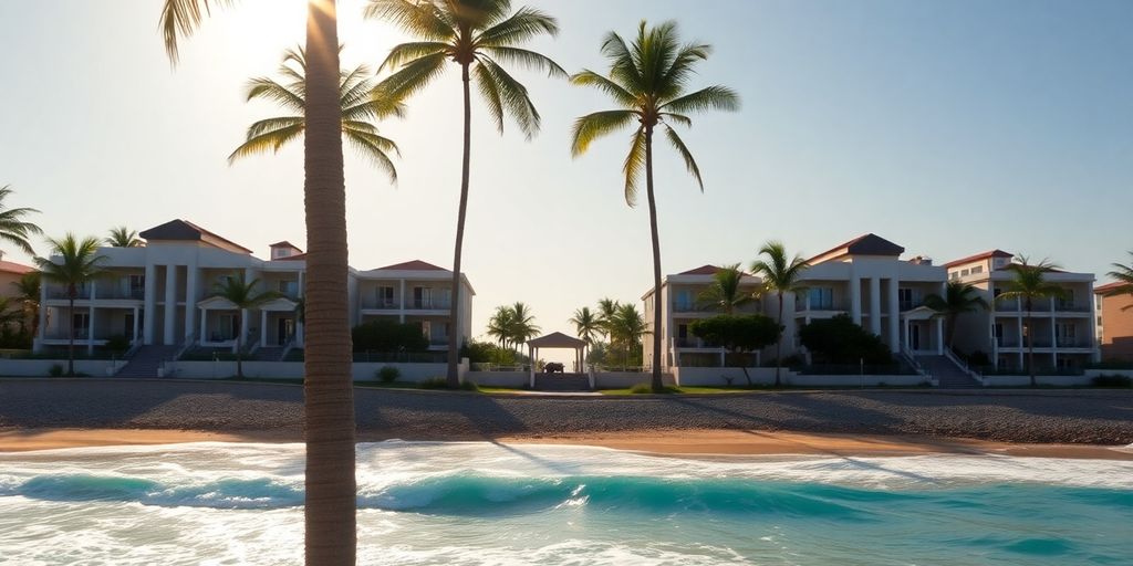 Nyali Luxury Apartments with beach and palm trees.
