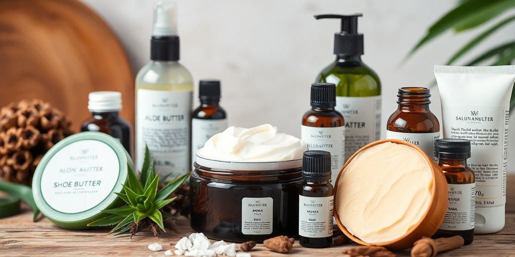 Natural hair and skin care products on a wooden surface.
