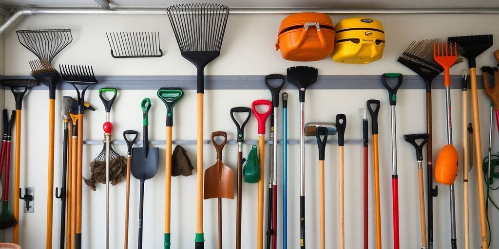 Organized garage with rake storage hooks and tools.