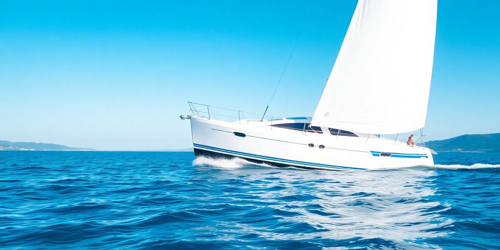 Small yacht sailing on calm blue water.