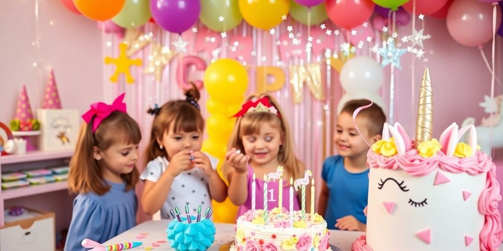 Colourful unicorn birthday party with children enjoying activities.
