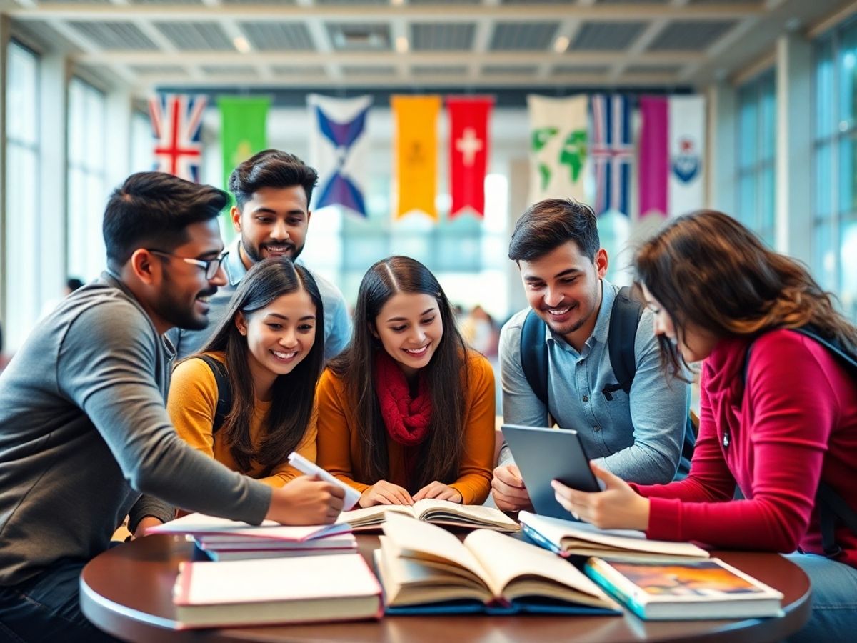 International students collaborating in a university environment.