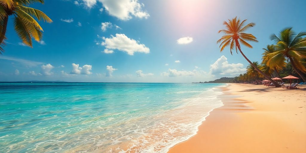 Strand der Dominikanischen Republik mit Palmen und klarem Wasser.