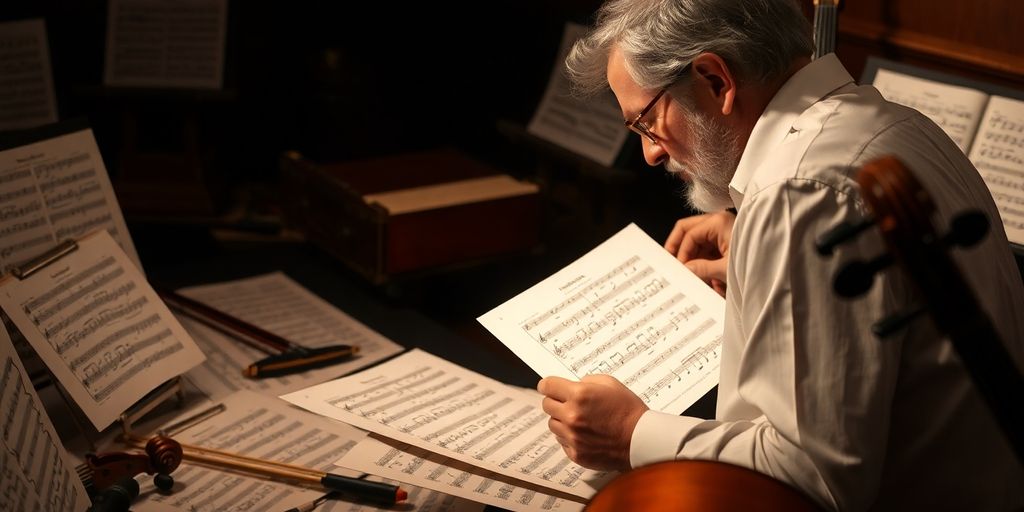 Compositeur travaillant sur une partition musicale.