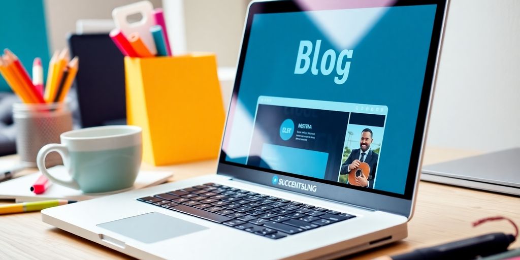 A laptop displaying a blog with colorful office supplies.