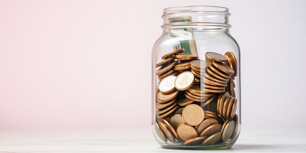 Glass jar filled with coins and bills on a table.