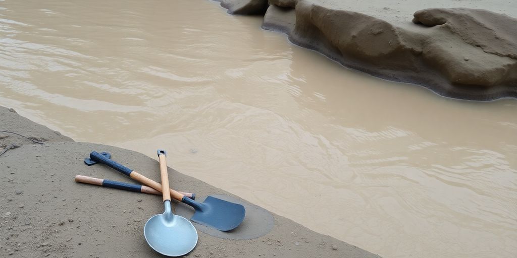Fiume fangoso con attrezzi abbandonati per cercare l'oro.