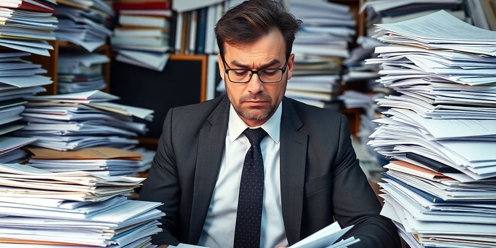 Stressed business owner with compliance paperwork in office.