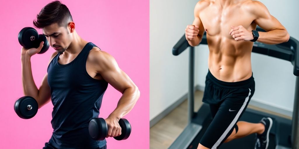 Person lifting weights then running on a treadmill.