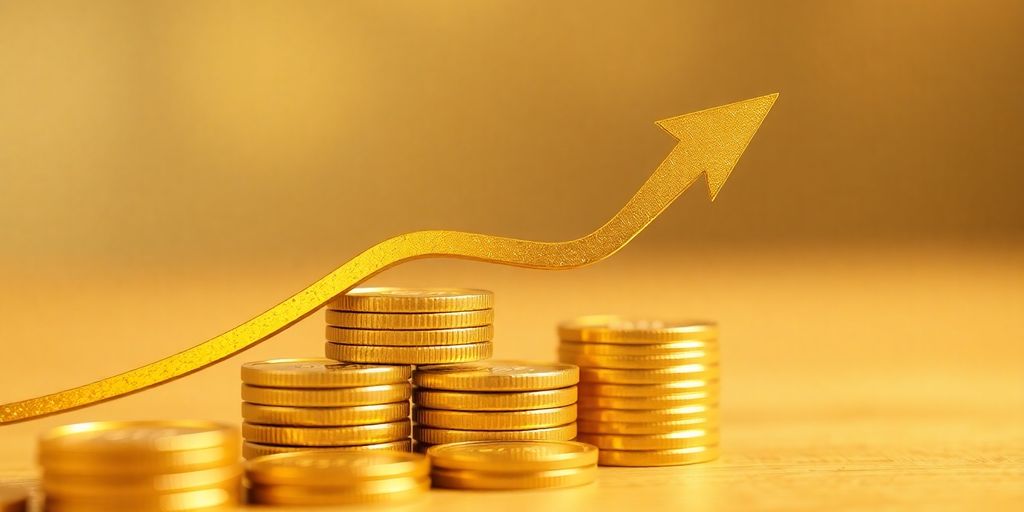 Golden arrow pointing up through stacked coins.