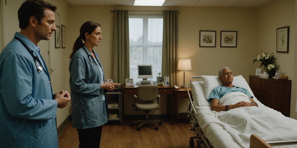Doctor and healer with patient in hospital room