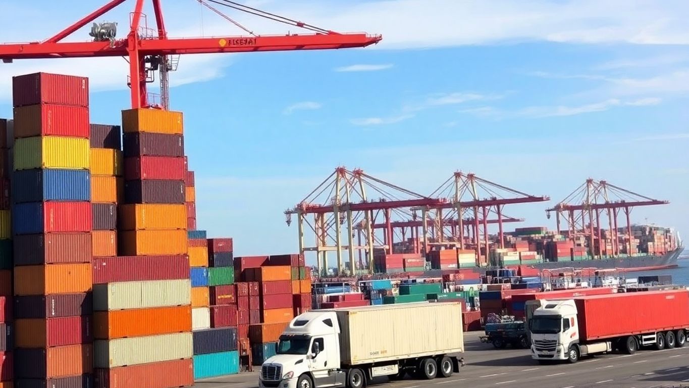 Container ships, trucks moving cargo, bustling port.