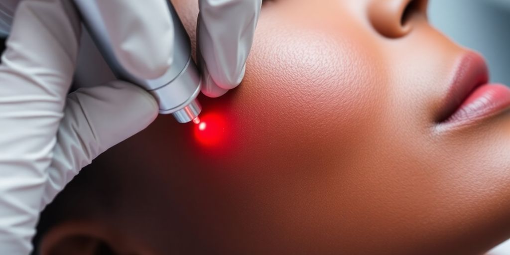 Dark-skinned person receiving red-laser skin treatment with handheld medical device