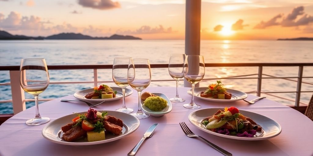 Dining table with Polynesian food and wine on cruise.