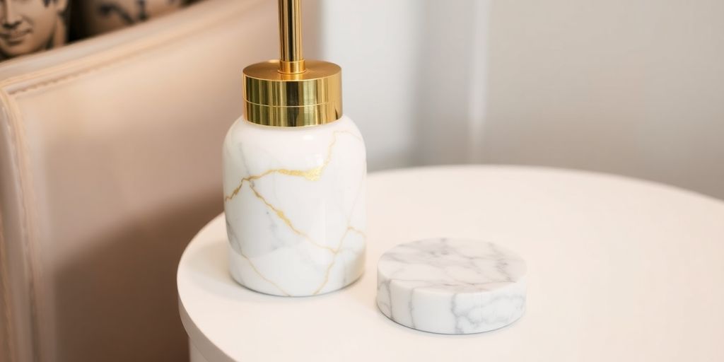 Faux marble table lamp with gold accents on a white surface.