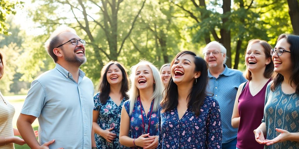 Groep mensen die samen lachen in de natuur.