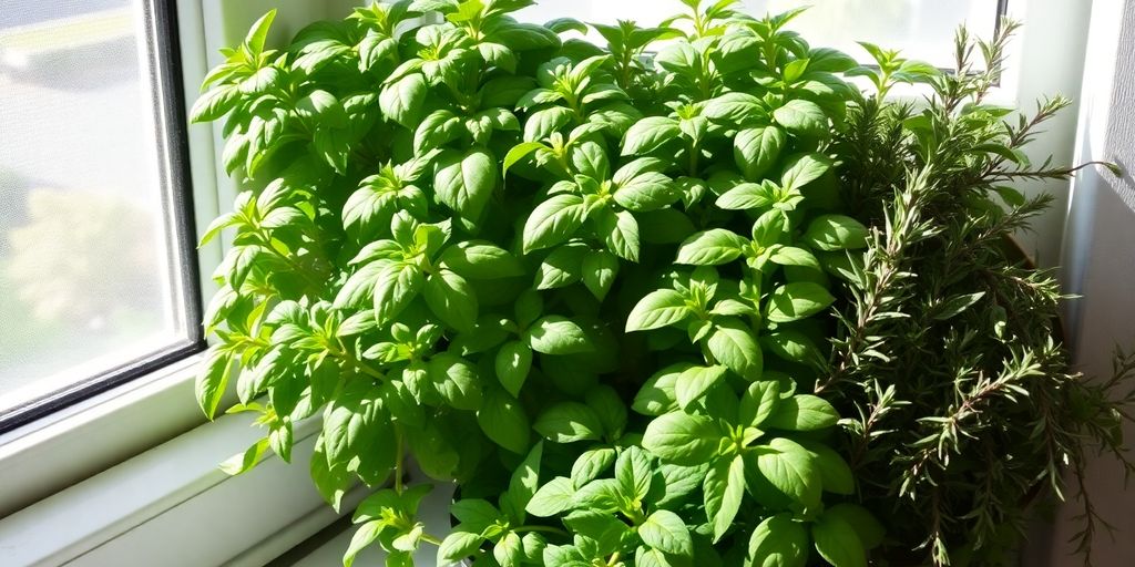 Vibrant home herb garden with fresh basil, mint, and rosemary.
