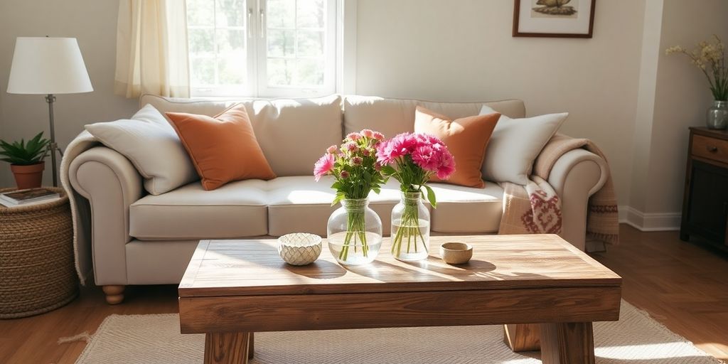 Cozy living room with rustic decor.