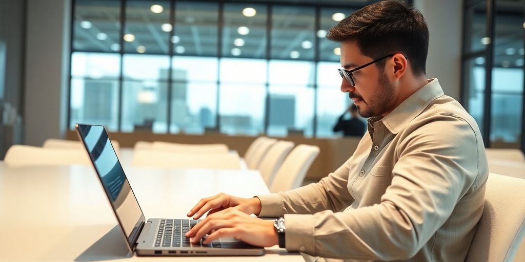 Emprendedor trabajando con dispositivo digital.