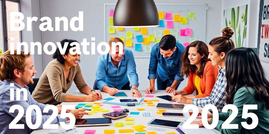 Team brainstorming ideas for branding innovation in 2025.