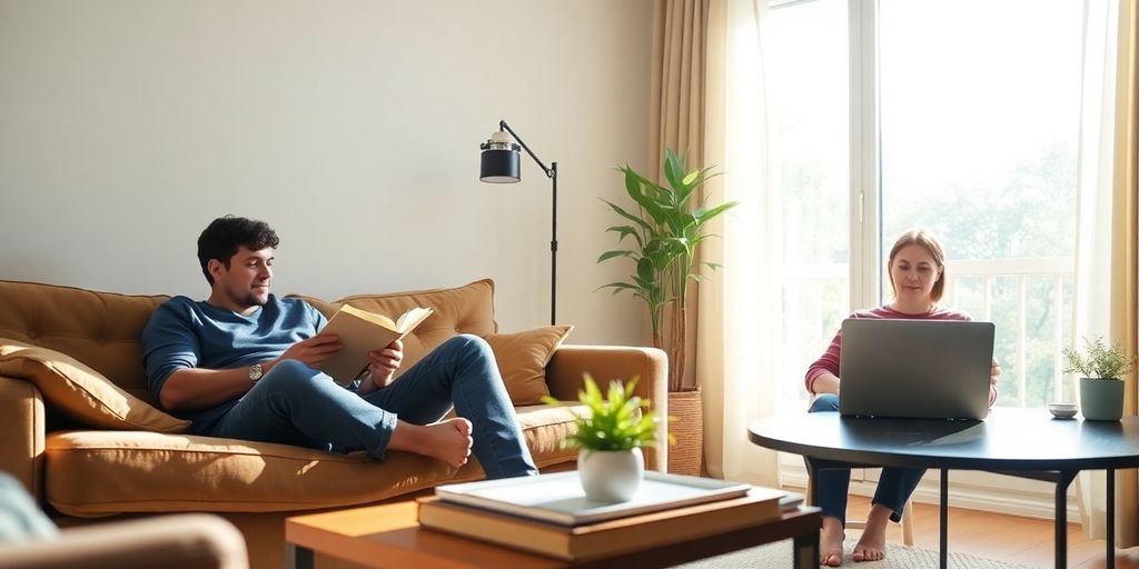 Two roommates in a bright, cozy living room.