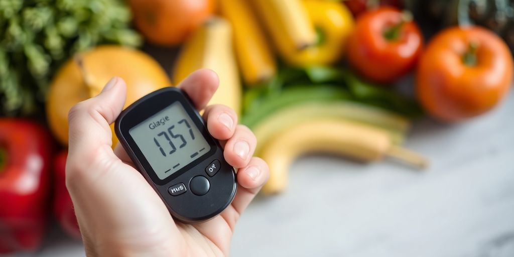 A person measuring blood sugar with healthy foods nearby.