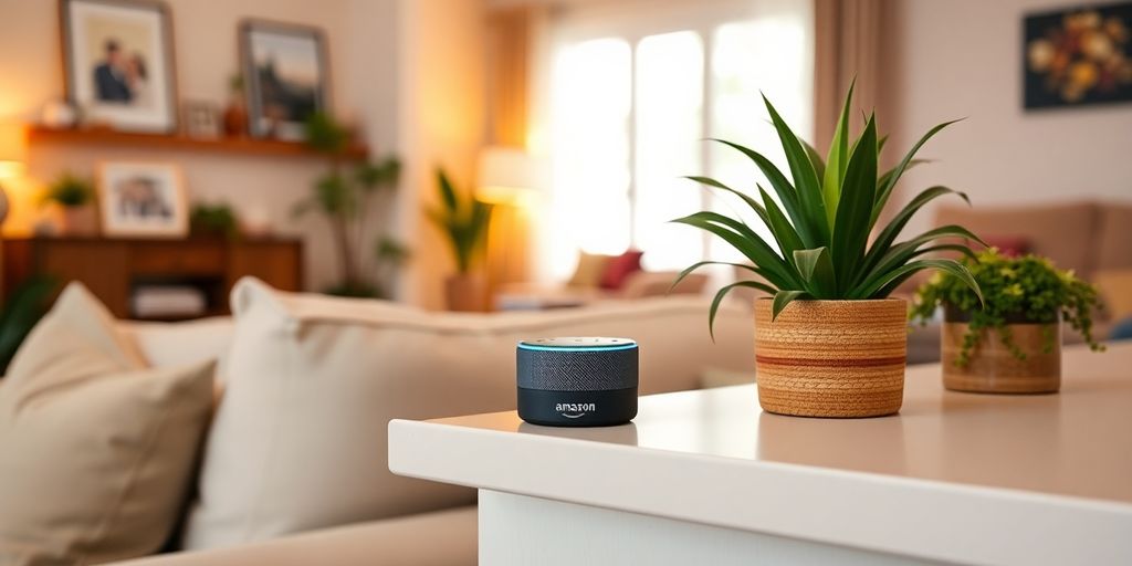 Amazon Alexa Echo Dot auf einem Regal im Wohnzimmer.