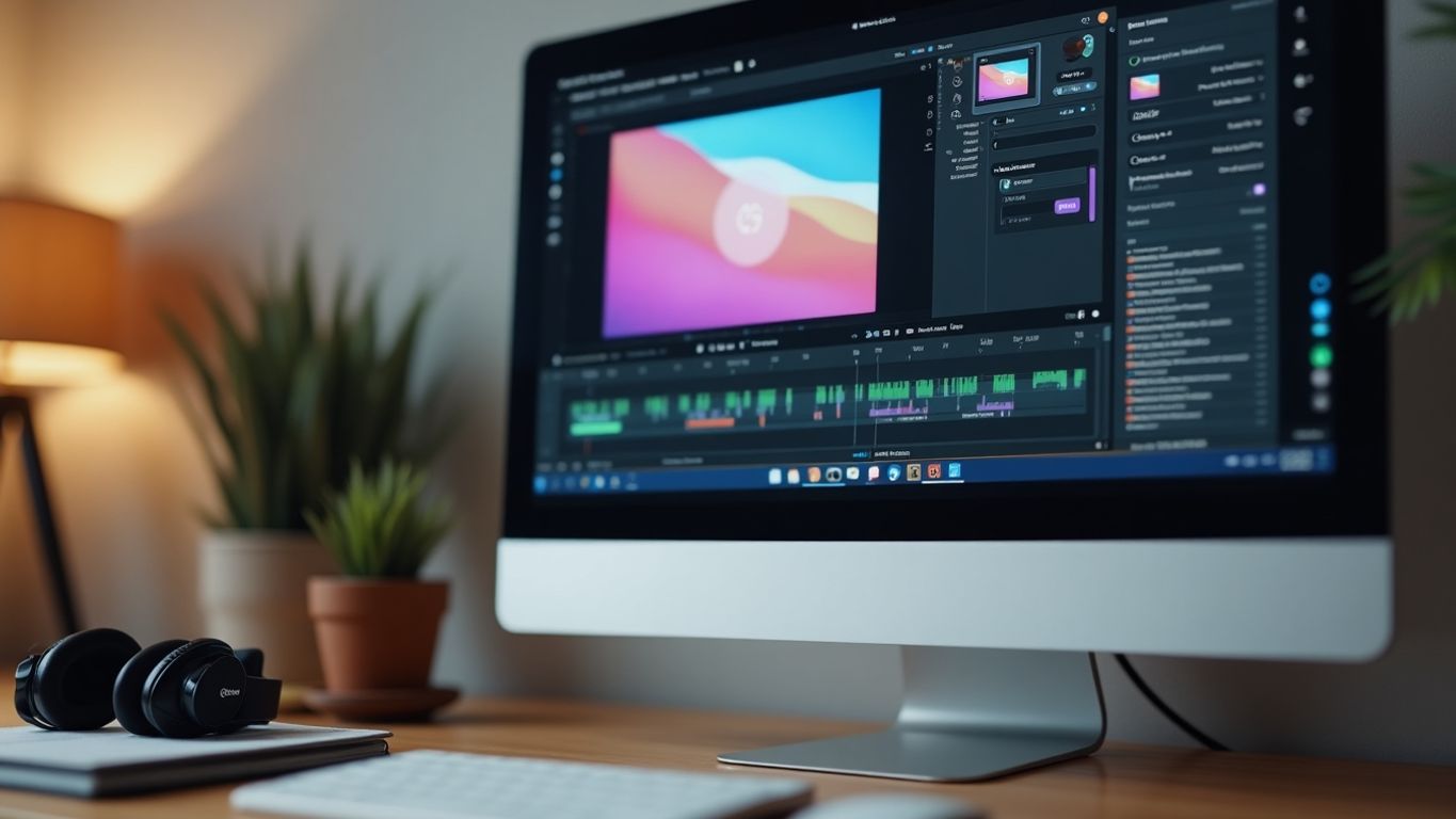 Digital workspace with AI video creation software on screen.