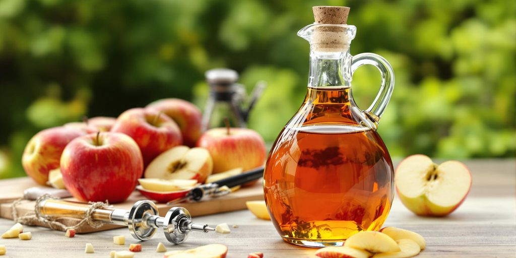 Glass bottle with apple cider vinegar, apples, and scientific instrument.