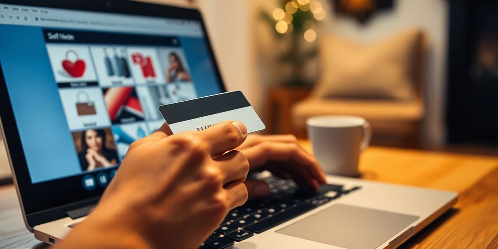 Person holding credit card, shopping online.